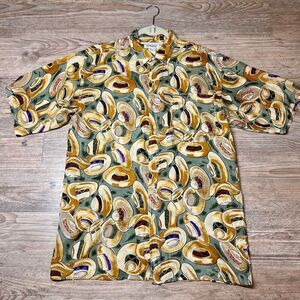 Hombre Mens Multicolor Hat Print 100% Silk Short Sleeve Button Up‎ Shirt Medium